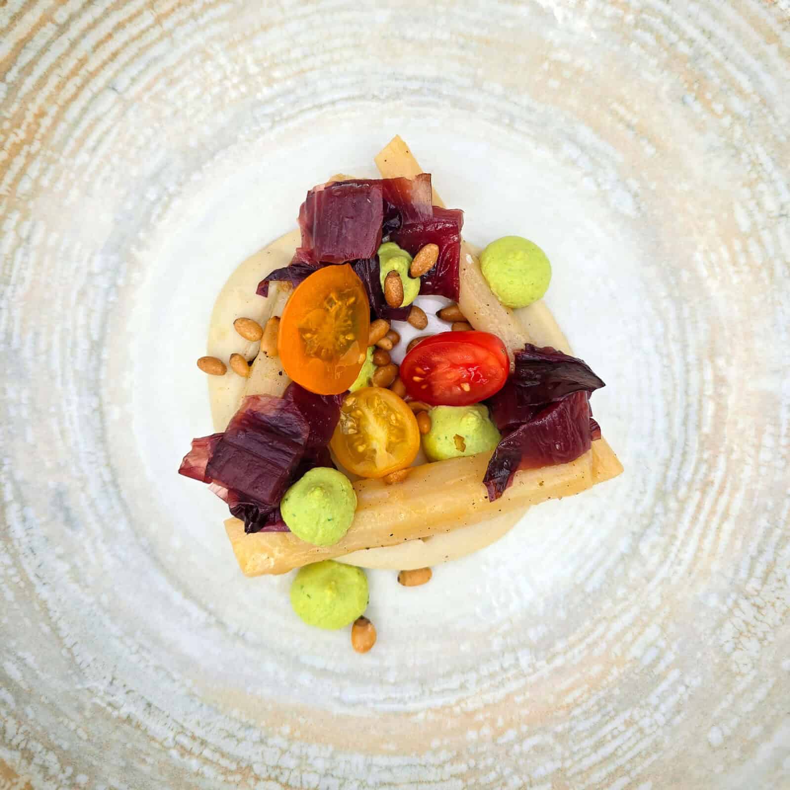 Asparagus, cashews, radicchio and pine nuts