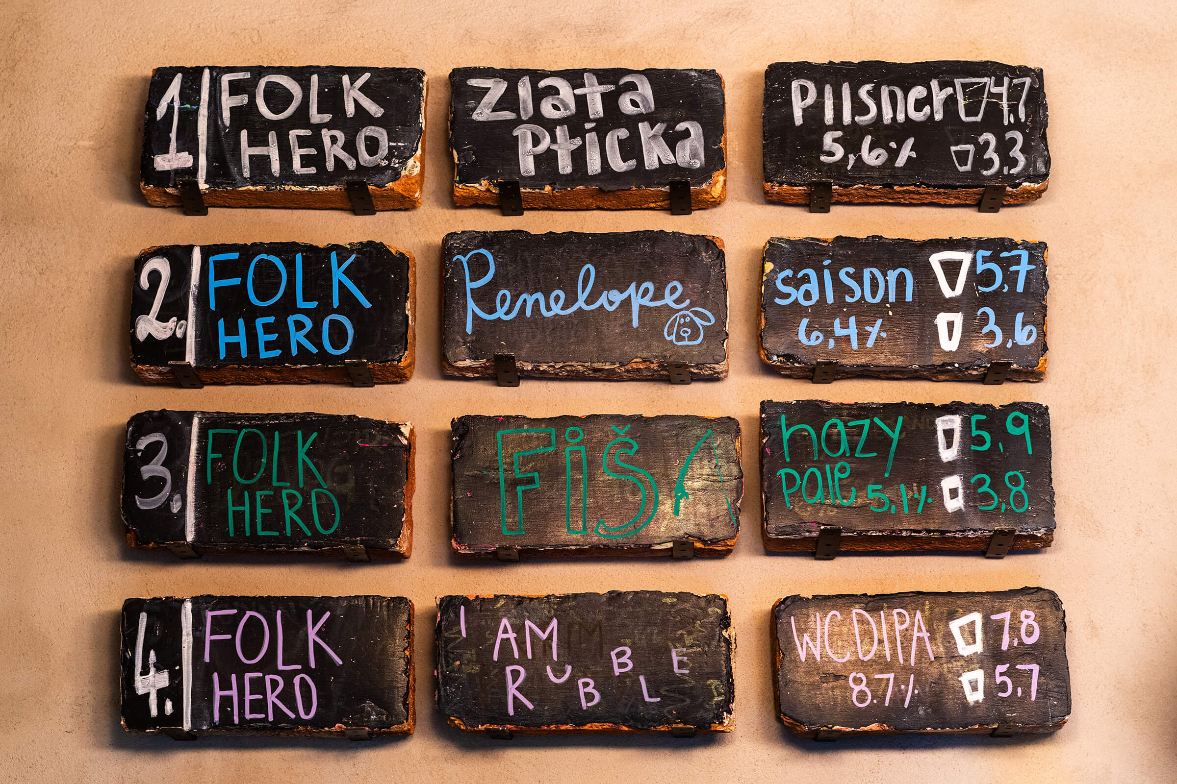 Chalkboard tap list with Folk Hero beers on the wall at :Projekt